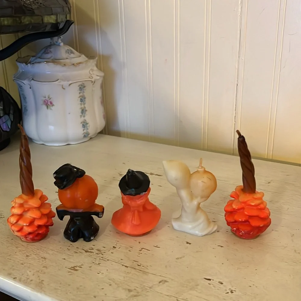 5 Vintage Gurley Halloween candles pumpkin man witch ghost pinecone
